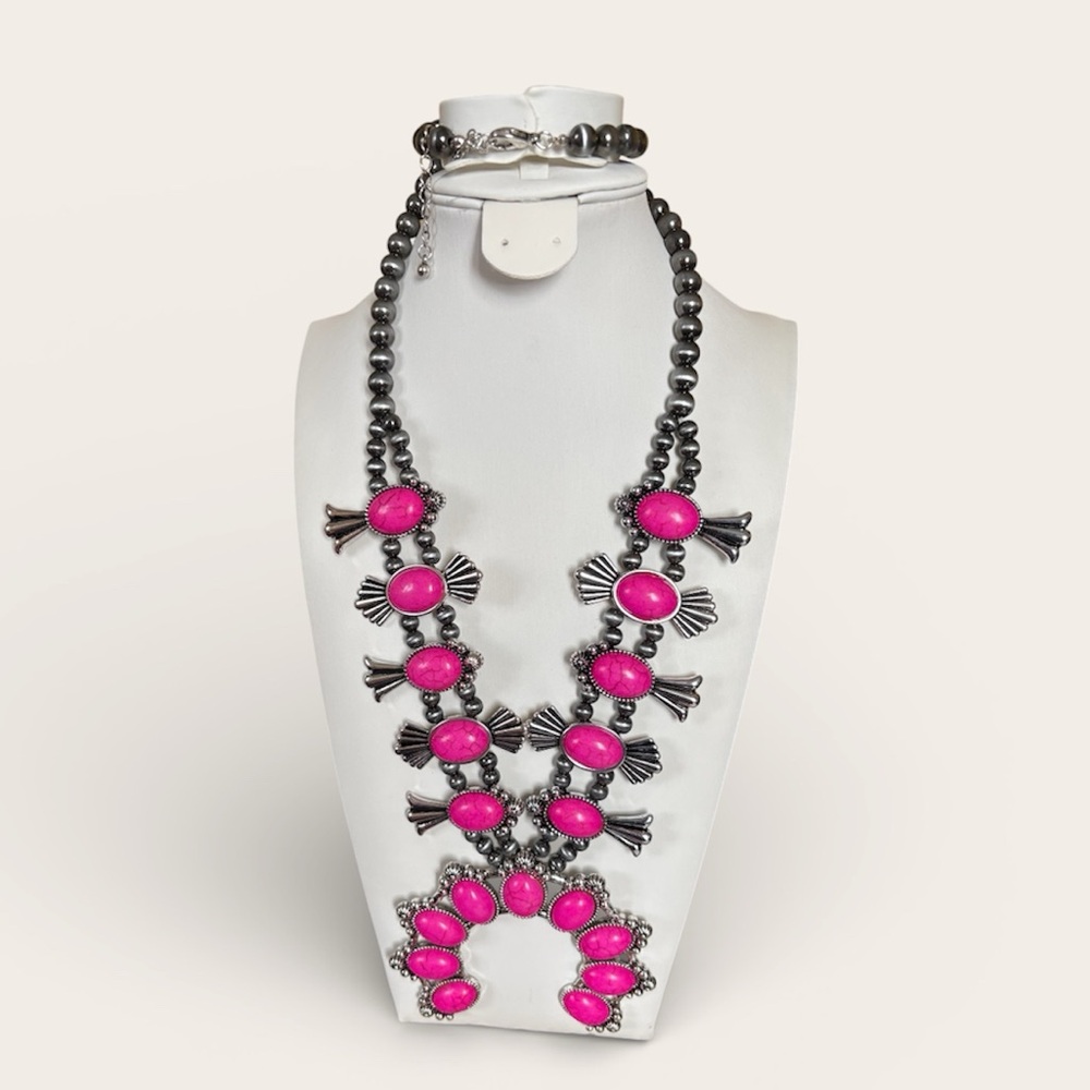 New Southwestern Boho Squash Blossom Naja Pink & Silver Statement Necklace - Picture 7 of 14